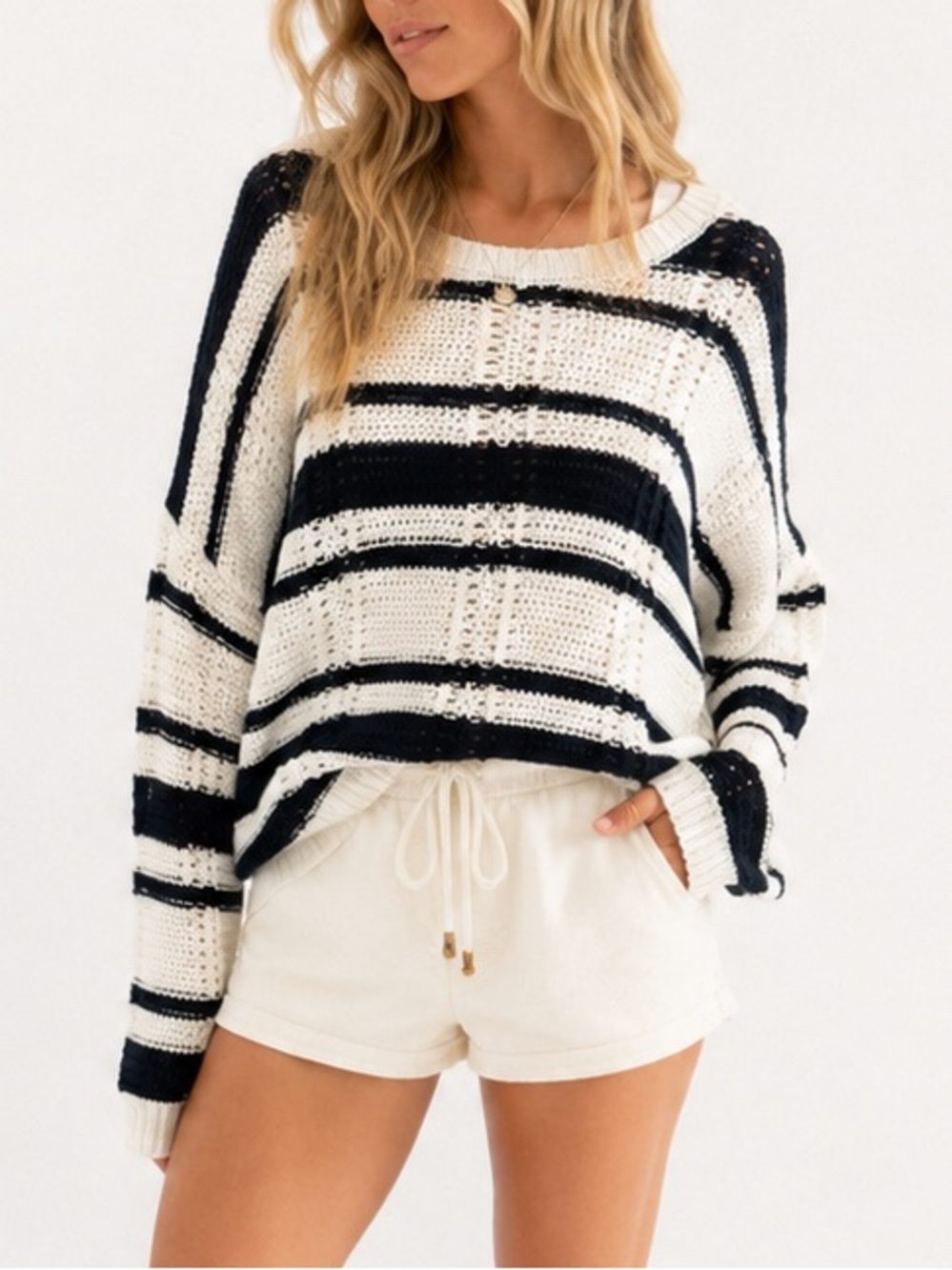 Saltwater LUXE Black & Ivory Striped Sweater Coastal Chunky Knit | XL | NWT